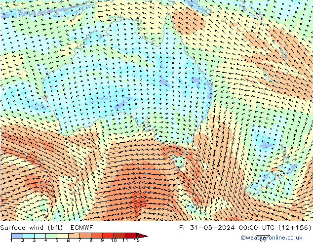 Surface wind (bft) ECMWF Pá 31.05.2024 00 UTC