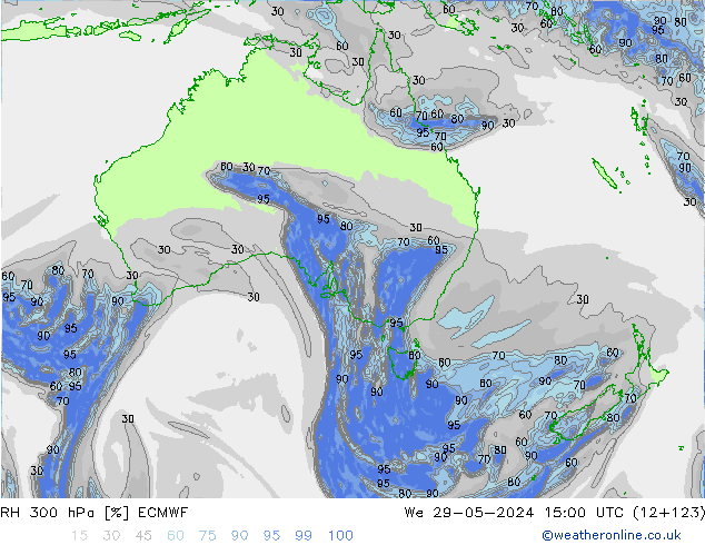 RH 300 hPa ECMWF Qua 29.05.2024 15 UTC