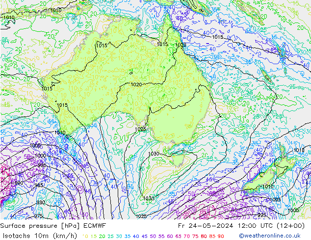 Isotaca (kph) ECMWF vie 24.05.2024 12 UTC