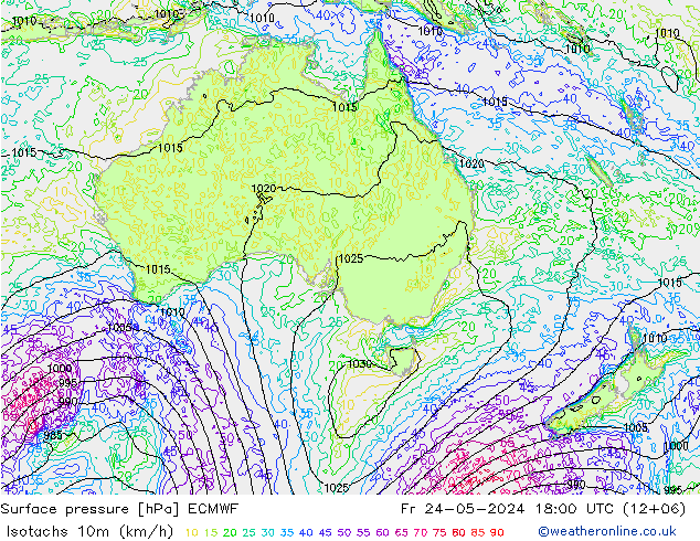 Isotachs (kph) ECMWF Fr 24.05.2024 18 UTC