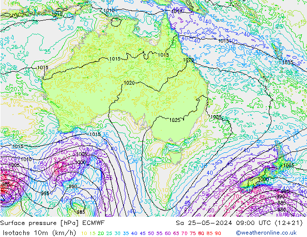 Isotaca (kph) ECMWF sáb 25.05.2024 09 UTC