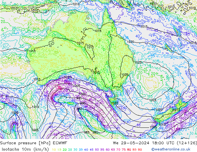 Isotachs (kph) ECMWF  29.05.2024 18 UTC