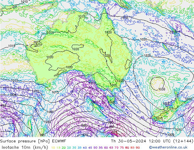 Isotaca (kph) ECMWF jue 30.05.2024 12 UTC