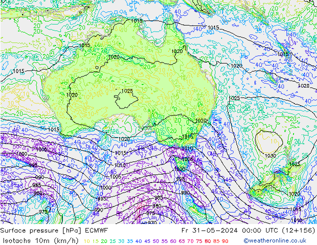 Eşrüzgar Hızları (km/sa) ECMWF Cu 31.05.2024 00 UTC