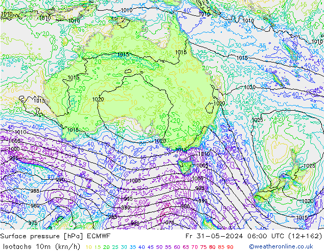 Isotachs (kph) ECMWF Pá 31.05.2024 06 UTC