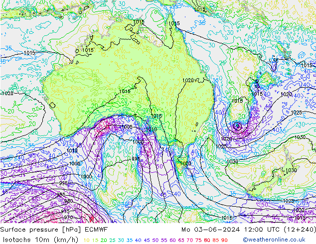 Isotachs (kph) ECMWF lun 03.06.2024 12 UTC