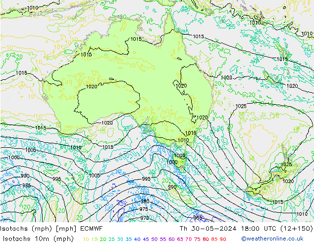 Isotaca (mph) ECMWF jue 30.05.2024 18 UTC