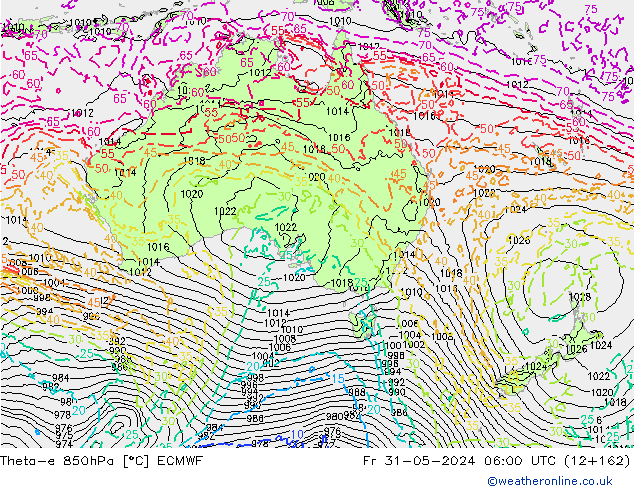 Theta-e 850hPa ECMWF Fr 31.05.2024 06 UTC