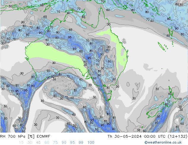 RH 700 hPa ECMWF Qui 30.05.2024 00 UTC