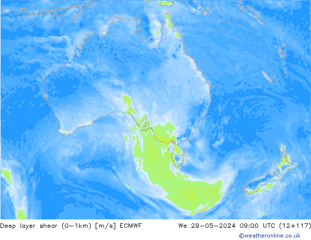 Deep layer shear (0-1km) ECMWF We 29.05.2024 09 UTC