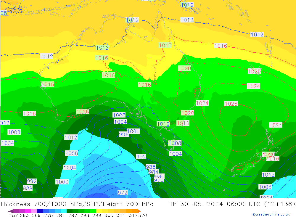 Thck 700-1000 hPa ECMWF gio 30.05.2024 06 UTC