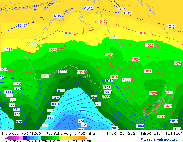 Espesor 700-1000 hPa ECMWF jue 30.05.2024 18 UTC