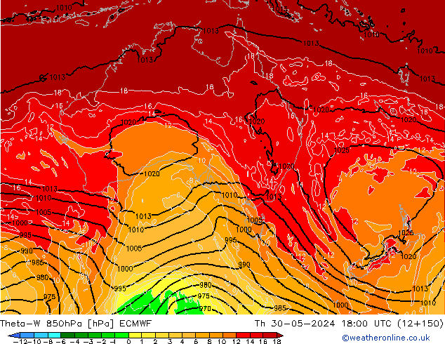 Theta-W 850hPa ECMWF jue 30.05.2024 18 UTC