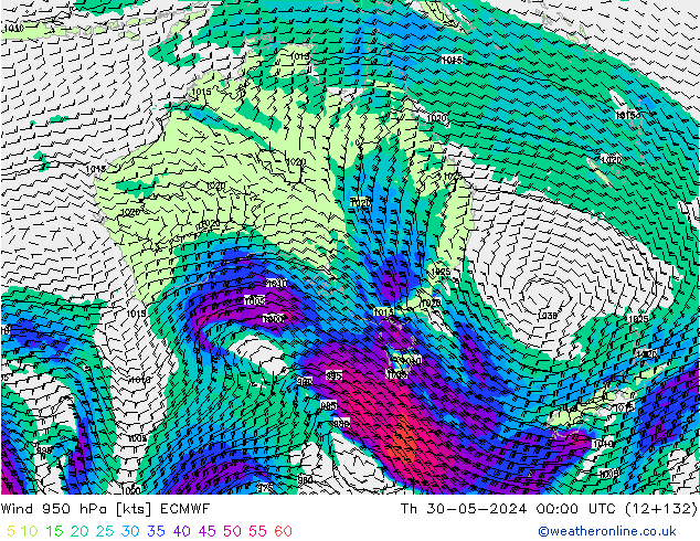 Vento 950 hPa ECMWF gio 30.05.2024 00 UTC