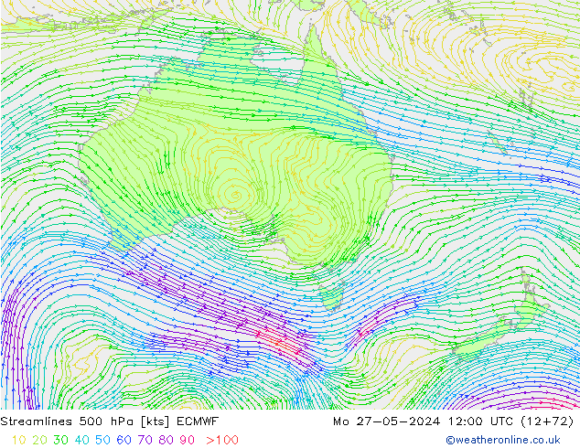 Linia prądu 500 hPa ECMWF pon. 27.05.2024 12 UTC