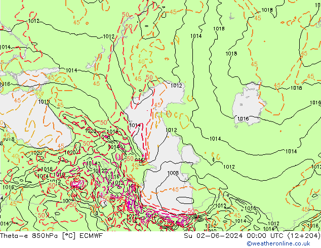 Theta-e 850hPa ECMWF Su 02.06.2024 00 UTC