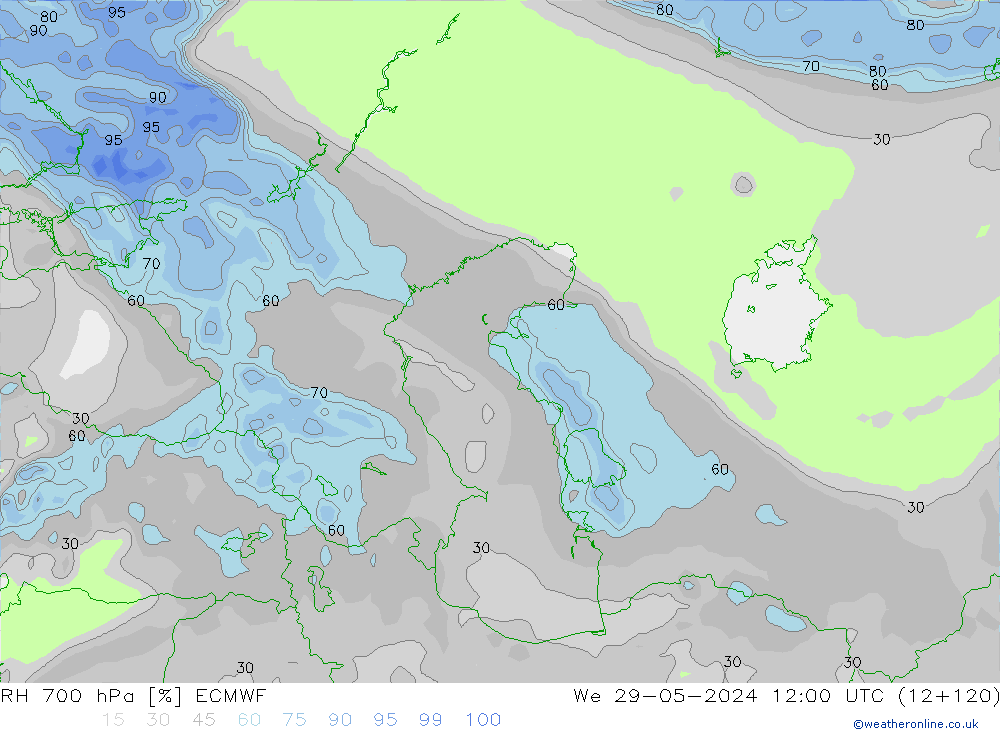 RH 700 hPa ECMWF śro. 29.05.2024 12 UTC