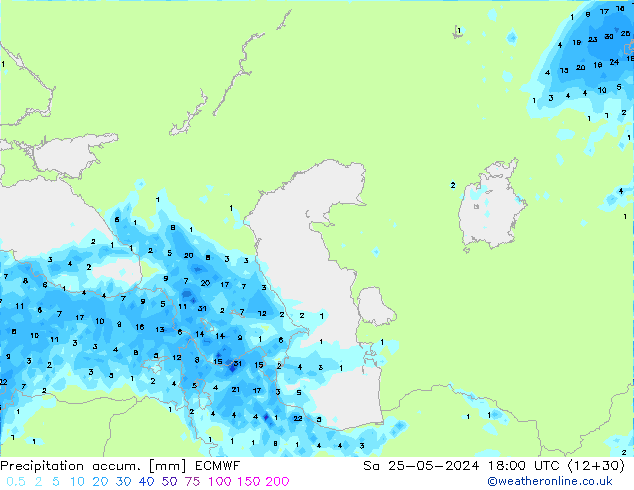 Precipitación acum. ECMWF sáb 25.05.2024 18 UTC