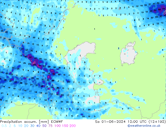 Precipitation accum. ECMWF сб 01.06.2024 12 UTC