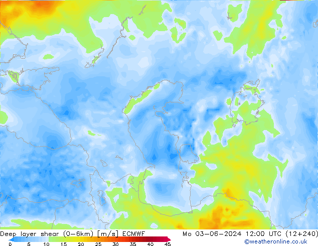 Deep layer shear (0-6km) ECMWF lun 03.06.2024 12 UTC