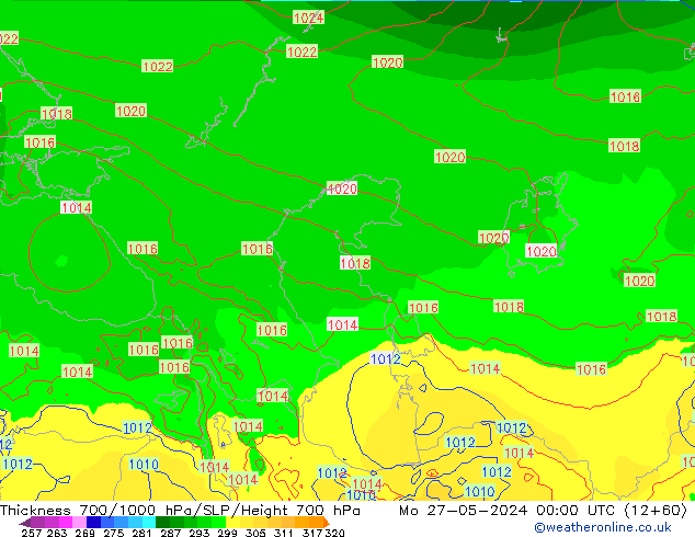 Thck 700-1000 hPa ECMWF lun 27.05.2024 00 UTC