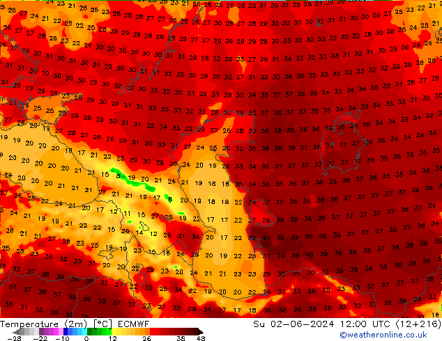 Temperatura (2m) ECMWF Dom 02.06.2024 12 UTC