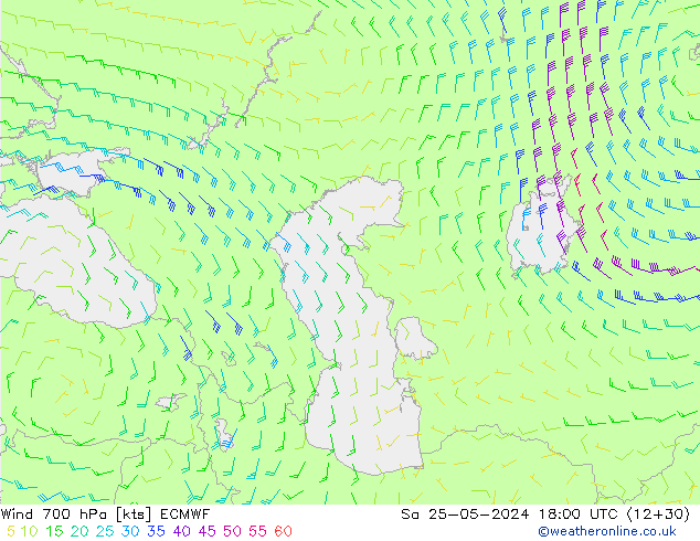 Wind 700 hPa ECMWF So 25.05.2024 18 UTC