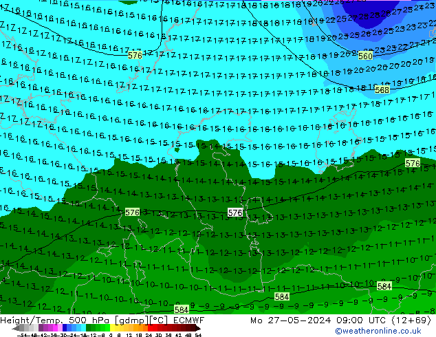 Height/Temp. 500 hPa ECMWF Mo 27.05.2024 09 UTC