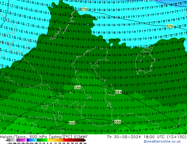 Z500/Rain (+SLP)/Z850 ECMWF jue 30.05.2024 18 UTC