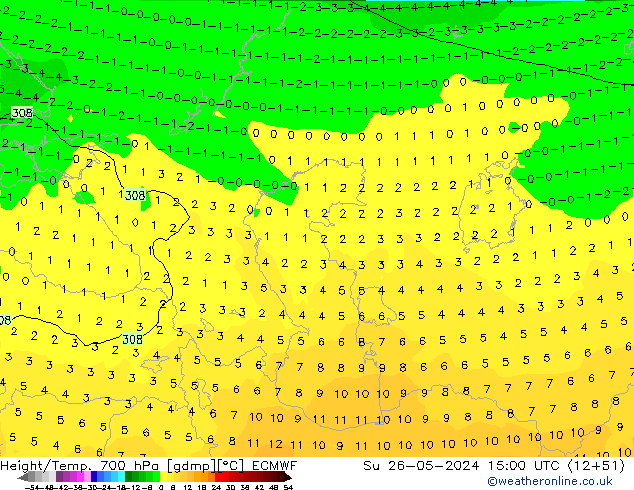 Height/Temp. 700 hPa ECMWF dom 26.05.2024 15 UTC