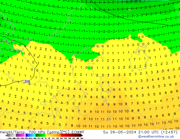 Height/Temp. 700 hPa ECMWF Dom 26.05.2024 21 UTC