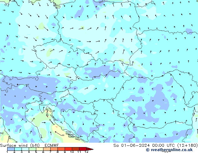 Viento 10 m (bft) ECMWF sáb 01.06.2024 00 UTC