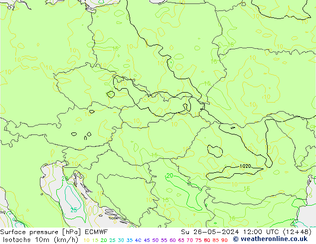 Isotachs (kph) ECMWF Dom 26.05.2024 12 UTC