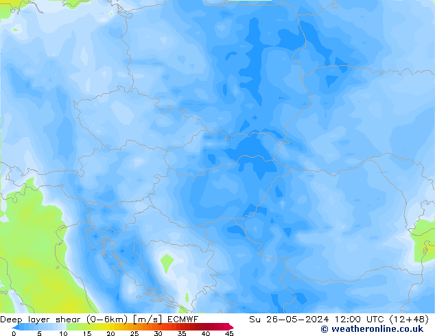 Deep layer shear (0-6km) ECMWF  26.05.2024 12 UTC