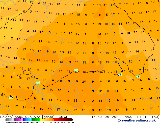 Hoogte/Temp. 925 hPa ECMWF do 30.05.2024 18 UTC