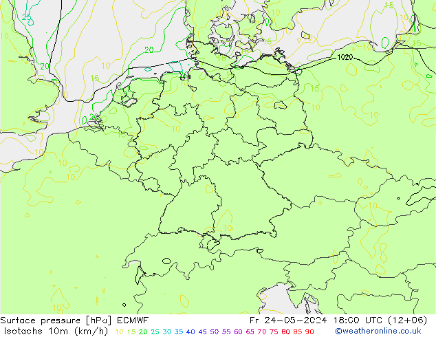 Isotachs (kph) ECMWF Fr 24.05.2024 18 UTC