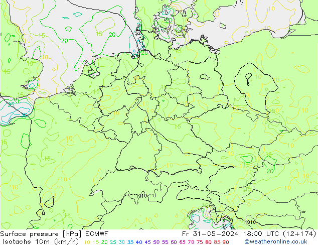 Isotachs (kph) ECMWF Fr 31.05.2024 18 UTC