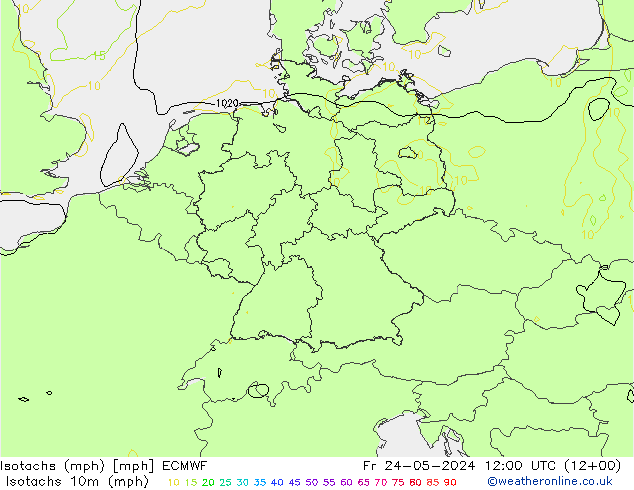 Isotachen (mph) ECMWF vr 24.05.2024 12 UTC