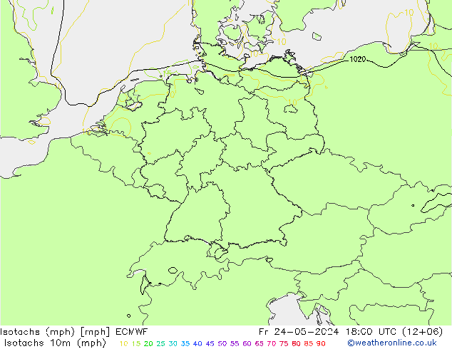 Isotachs (mph) ECMWF 星期五 24.05.2024 18 UTC