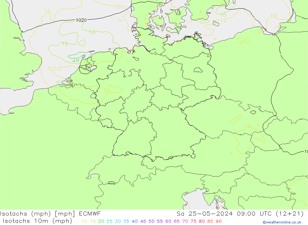 Isotachen (mph) ECMWF Sa 25.05.2024 09 UTC