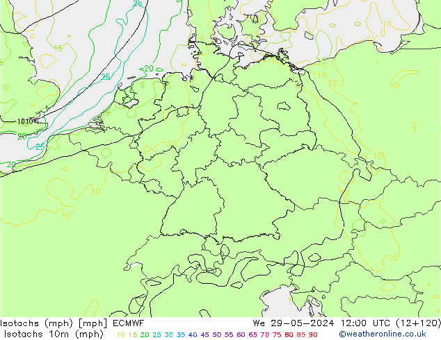 Isotachen (mph) ECMWF wo 29.05.2024 12 UTC