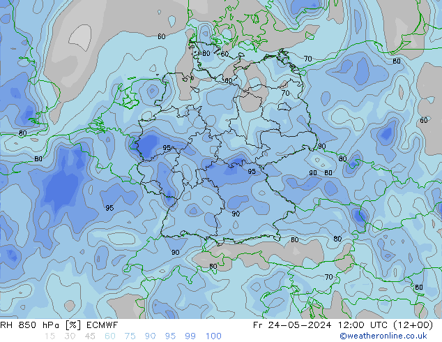 RH 850 гПа ECMWF пт 24.05.2024 12 UTC