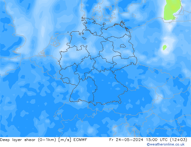 Deep layer shear (0-1km) ECMWF Pá 24.05.2024 15 UTC