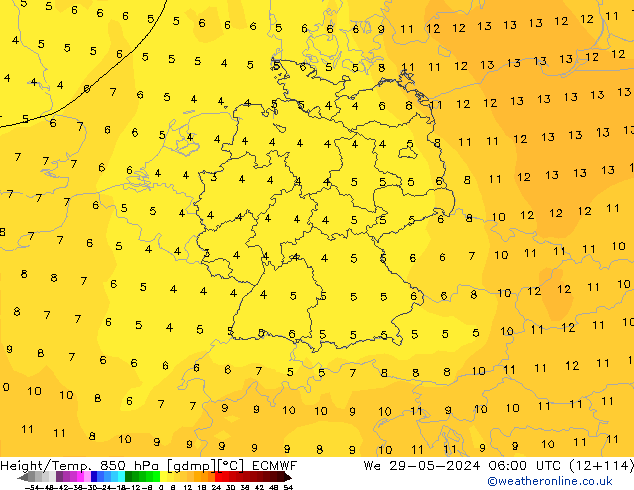 Géop./Temp. 850 hPa ECMWF mer 29.05.2024 06 UTC