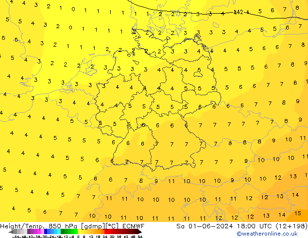 Geop./Temp. 850 hPa ECMWF sáb 01.06.2024 18 UTC