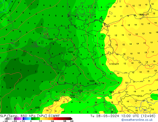 SLP/Temp. 850 hPa ECMWF  28.05.2024 12 UTC