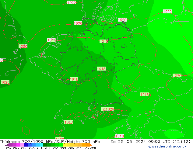 Espesor 700-1000 hPa ECMWF sáb 25.05.2024 00 UTC