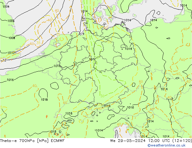 Theta-e 700hPa ECMWF wo 29.05.2024 12 UTC