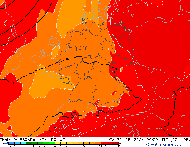 Theta-W 850hPa ECMWF wo 29.05.2024 00 UTC