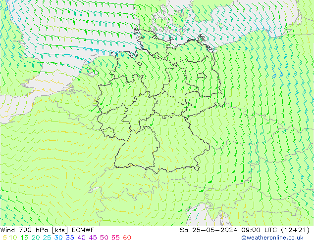 Vent 700 hPa ECMWF sam 25.05.2024 09 UTC